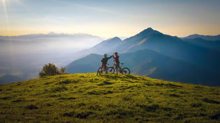  Two male mountain bike riders enjoy a cross country trail in British Columbia, Canada.